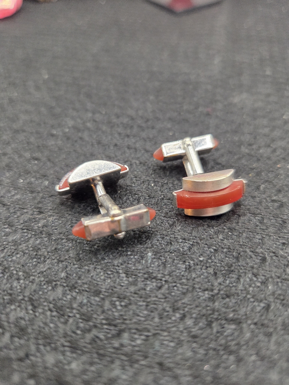 1369. Vintage Swank Men's Silver-Tone Cufflinks with Orang Accent Inlay